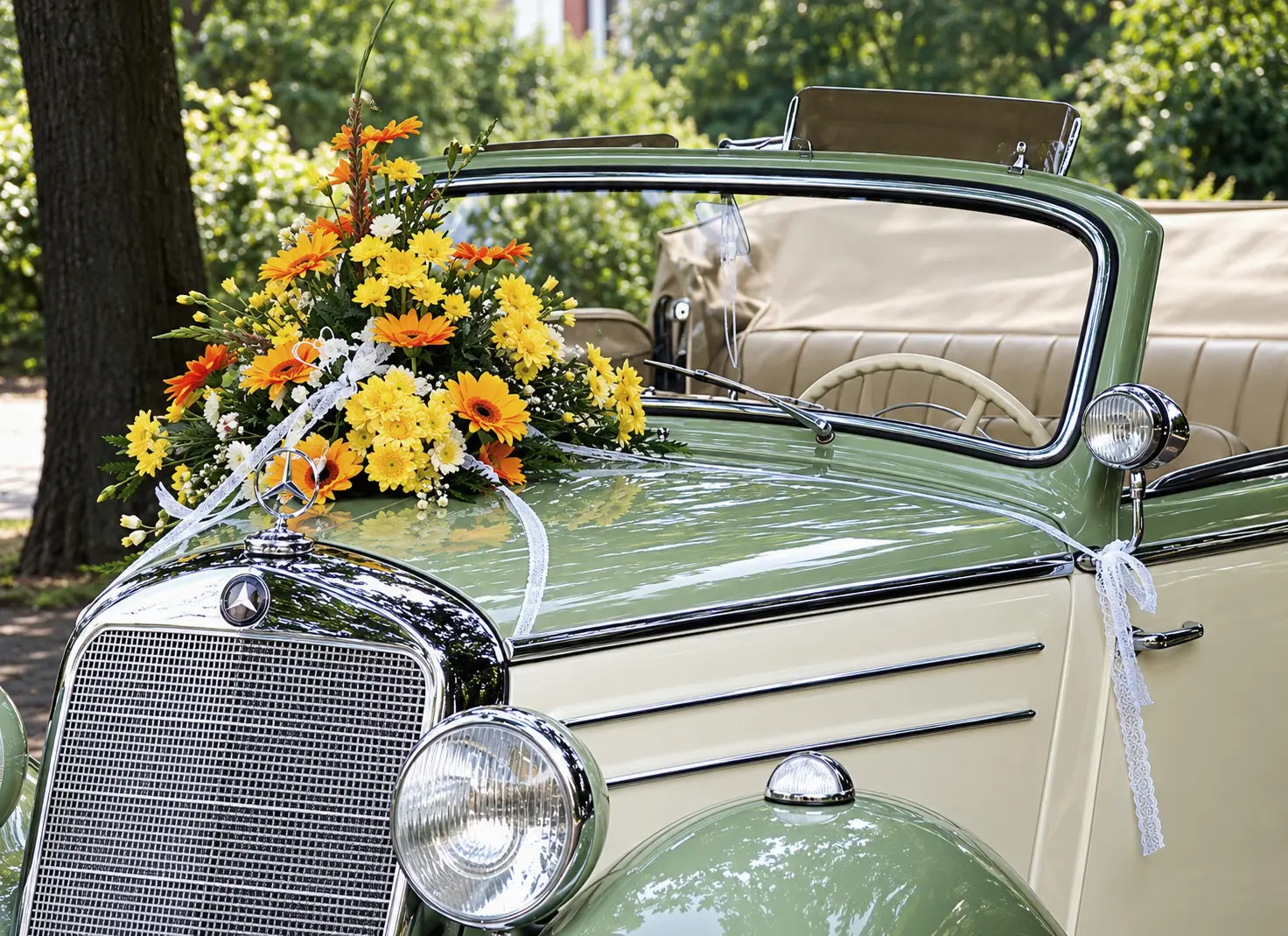 Mit Blumen geschmückter Mercedes-Benz 170S B-Cabrio